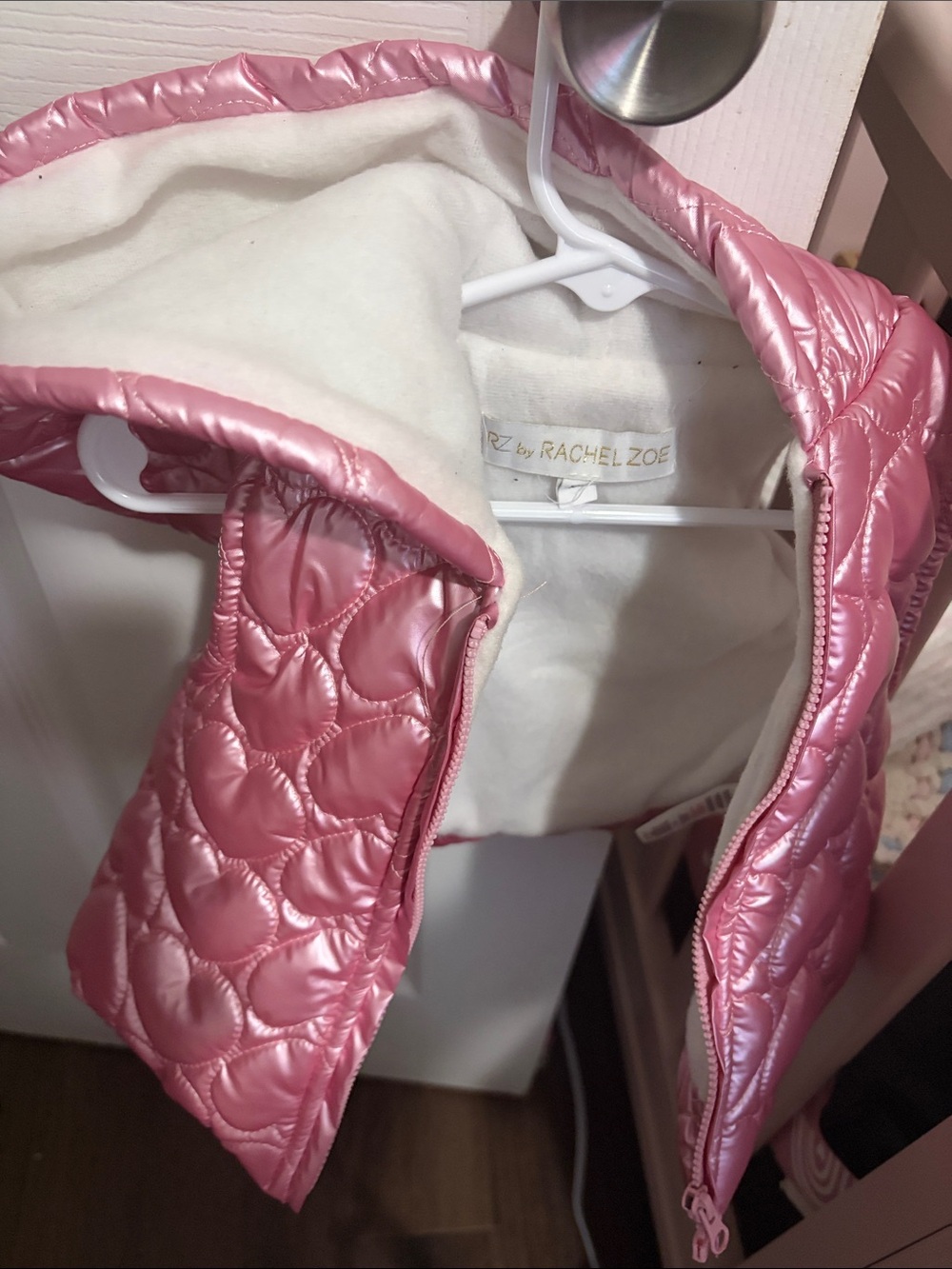Rachel Zoe Shiny Heart-Quilted Pink Hooded Kids Jacket